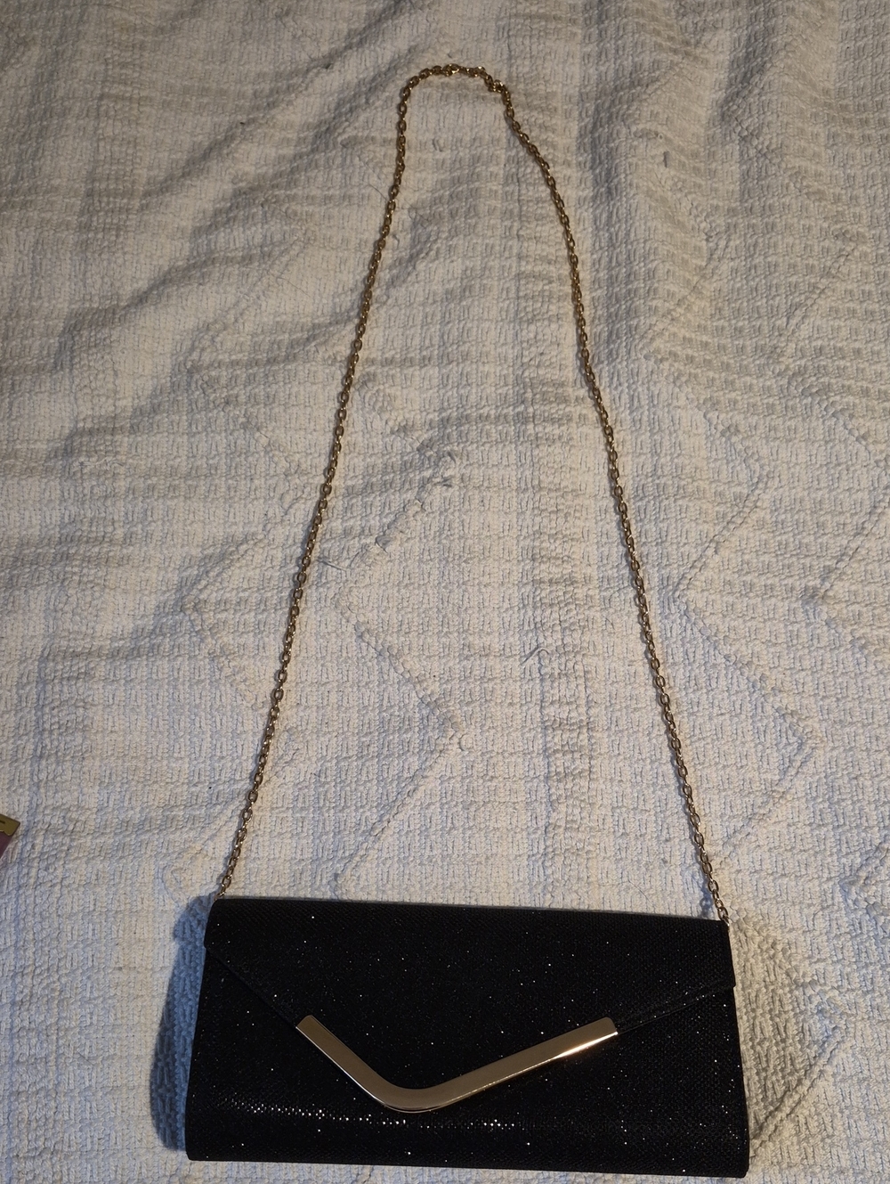 NWOT Black Glitter Evening Envelope Clutch Bag with Gold Chain